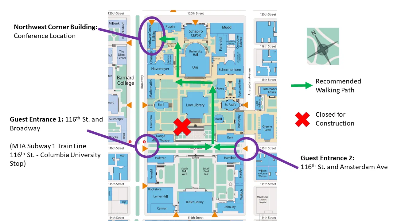 Campus Map labeling Guest Entrance 1 (116th St. and Broadway), Guest Entrance 2 (116th St. and Amsterdam Ave), and Northwest Corner Building - Conference Location